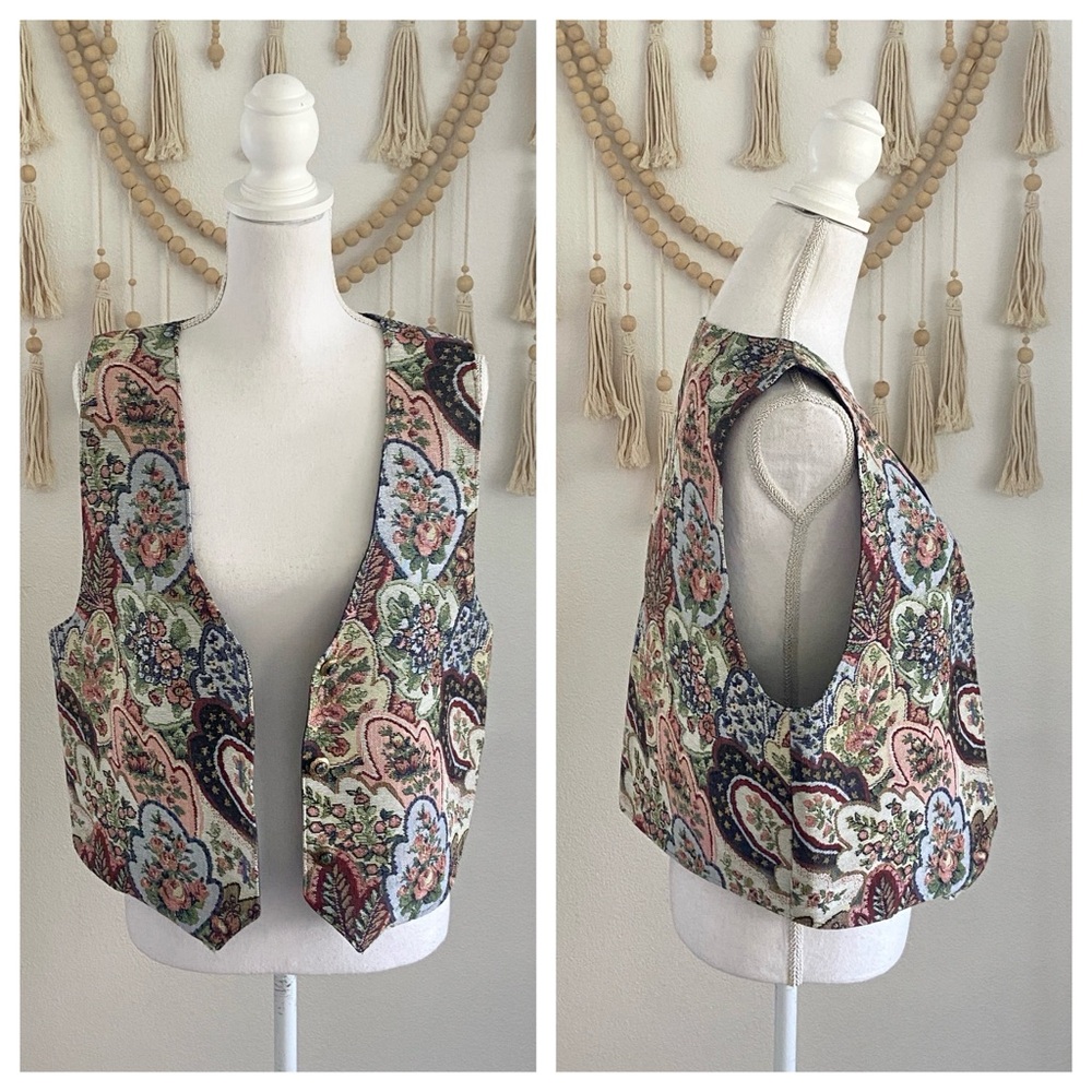 Vintage handmade tapestry vest floral patchwork pattern brocade pink blue 80s L